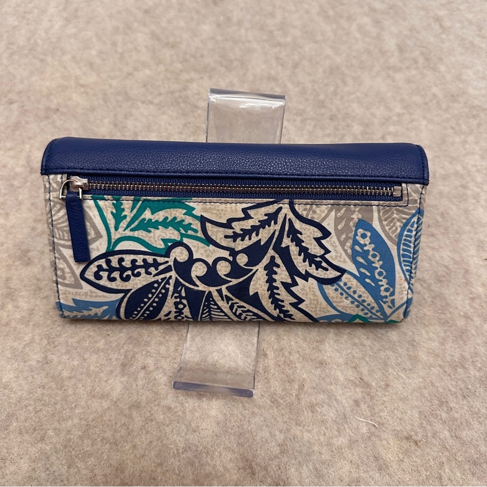 Vera Bradley Blue Leather Floral Fabric Long Accordion Snap Wallet - Picture 2 of 15